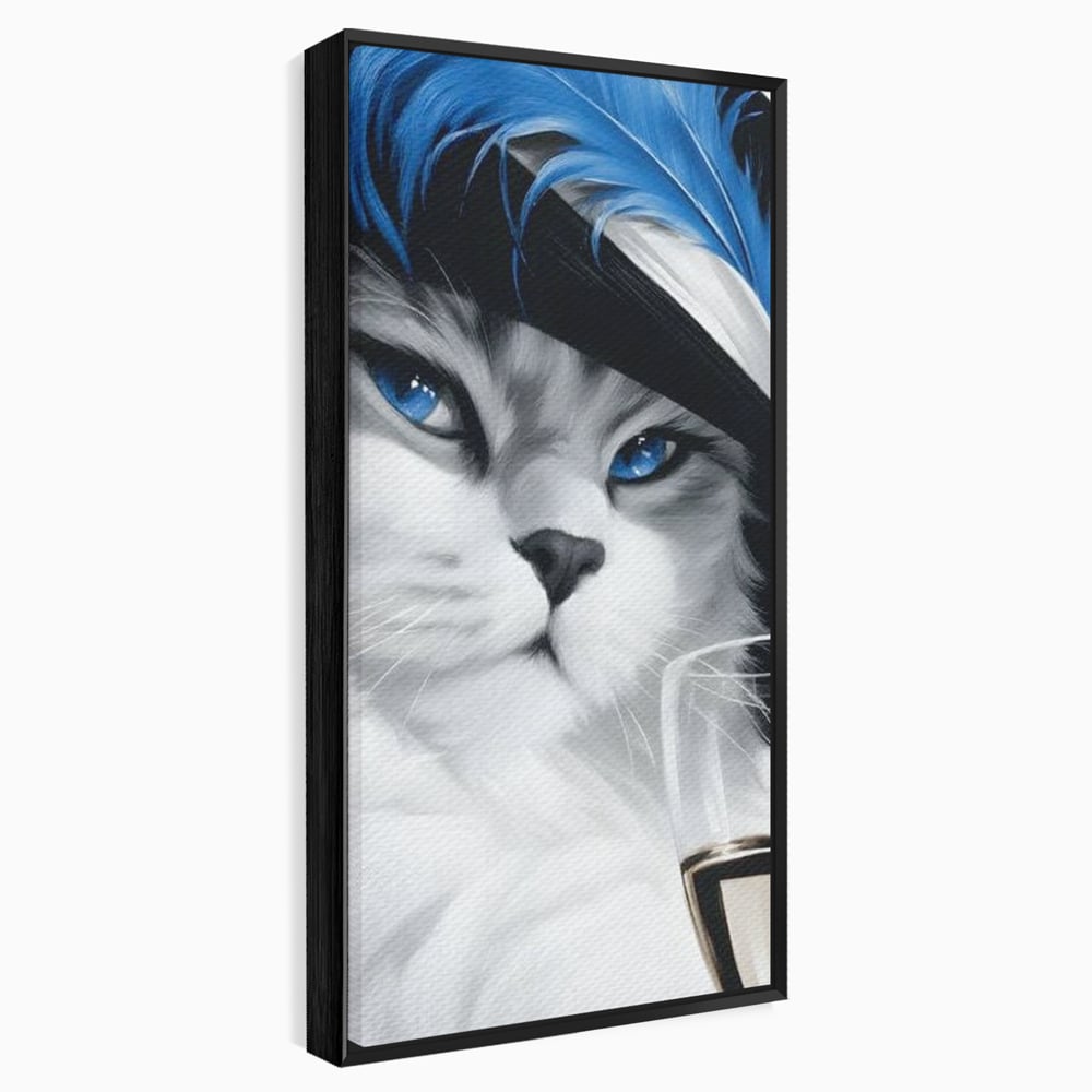 Tablou canvas cu tablou canvas cu pisica aristocrata si palarie, in rama de aluminiu negru